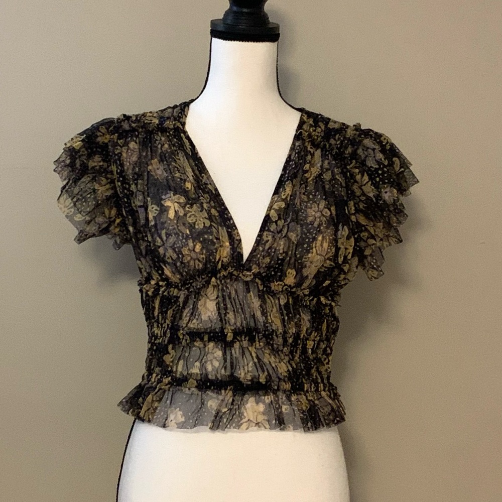 Free People Black and Gold Floral Blouse size medium euc